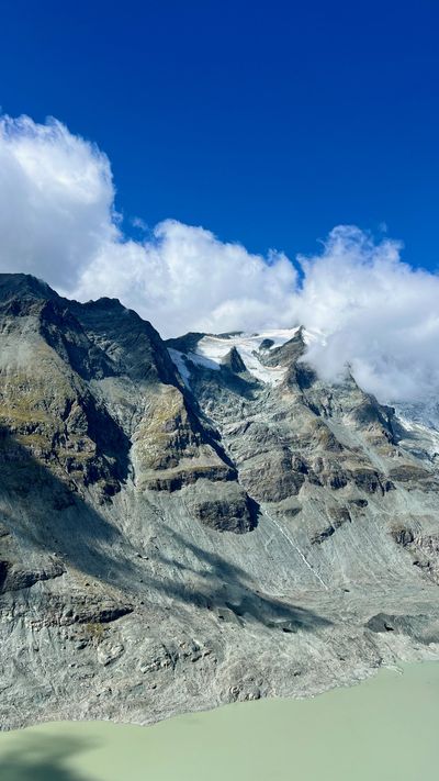 Looking down the rocky glacial basin and turquoise water