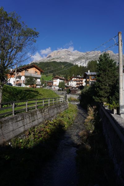 Looking up the stream toward Arabba and the limestone massif