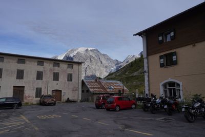 Hotel lot at Franzenshöhe with bikes and the Ortler behind