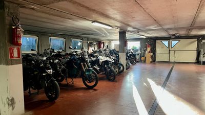 Tour bikes packed in the hotel garage before leaving Arabba