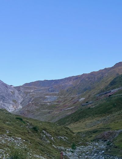 Looking up the Stelvio switchbacks from Franzenshöhe at dawn