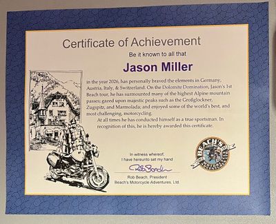 Beach's Motorcycle Adventures certificate of achievement