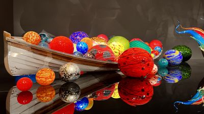 Glass art in garden setting