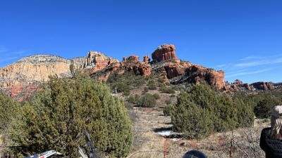 Red rock formations and desert sky